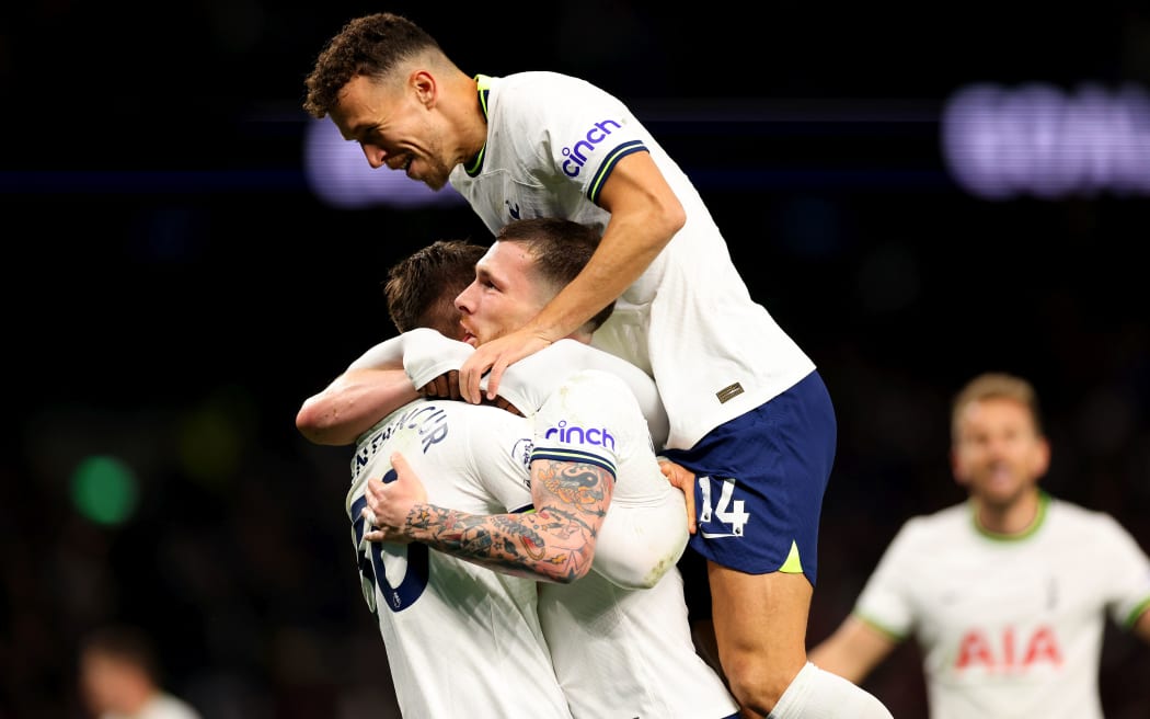 Pierre-Emile Hojbjerg of Tottenham Hotspur celebrates with team mates.