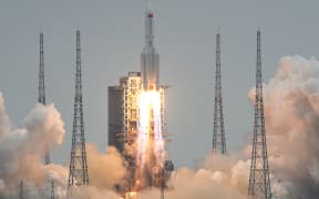 The Long March-5B Y2 rocket, carrying the Tianhe module, blasts off from the Wenchang Spacecraft Launch Site in south China's Hainan Province on 29 April, 2021.