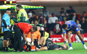 Gerard Beale about to be stretchered off during the Kiwis match against Samoa.