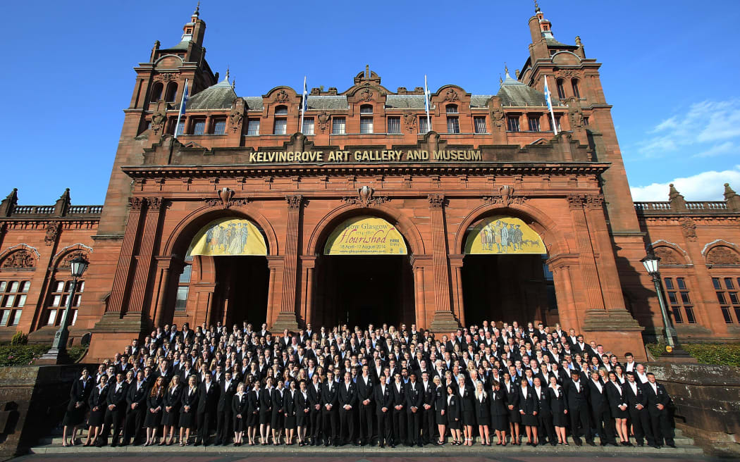 Team New Zealand pose for a team photo for the 2014 Commonwealth Games, outside the Kelvingrove Art Gallery and Museum, Glasgow, Scotland.
