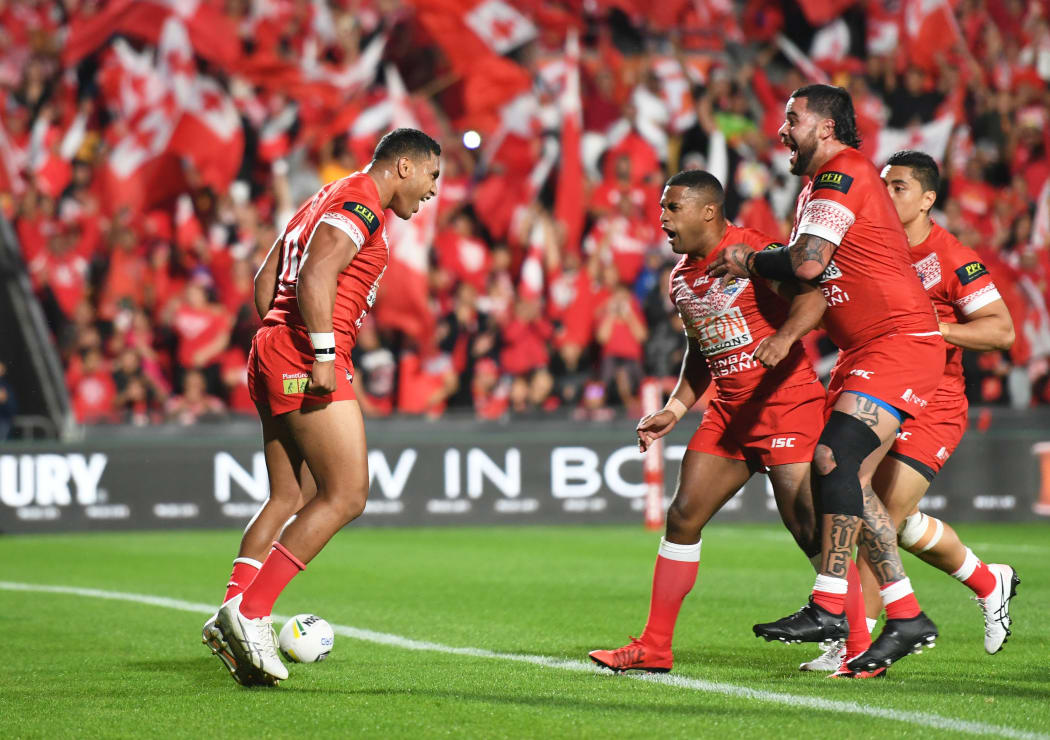 Tevita Pangai Junior celebrates after scoring for Tonga against Australia in October.