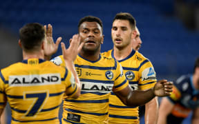 Maika Sivo celebrates his try for the Eels 2020.