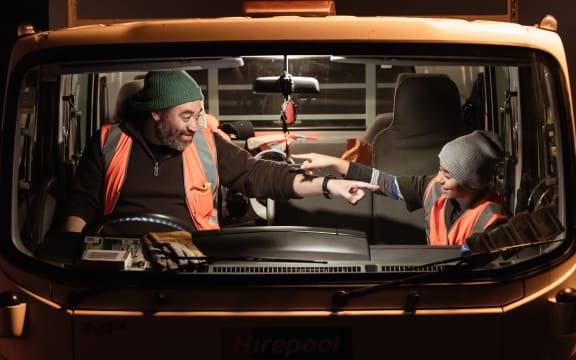 Brendon (Tainui Tukiwaho) and Kauri (Popai Curreen-Tukiwaho) sing ‘Maumahara noa ahau’ in the truck.