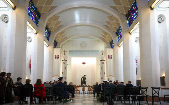A private Anzac ceremony is held at the Hall of Memories at Pukeahu after a larger public ceremony was cancelled due to high winds.