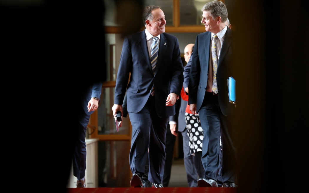 John Key and Bill English doing bridge run before the Budget is announced.