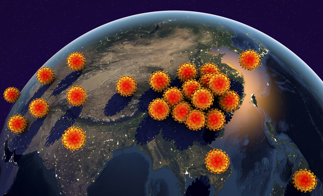 A computer illustration of the global spread of coronaviruses,