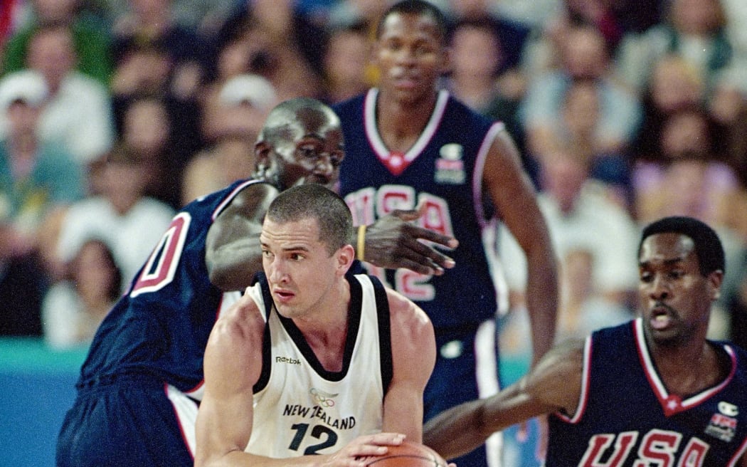 Guard Mark Dickel in action for the Tall Blacks against the United States at the 2000 Sydney Olympics.