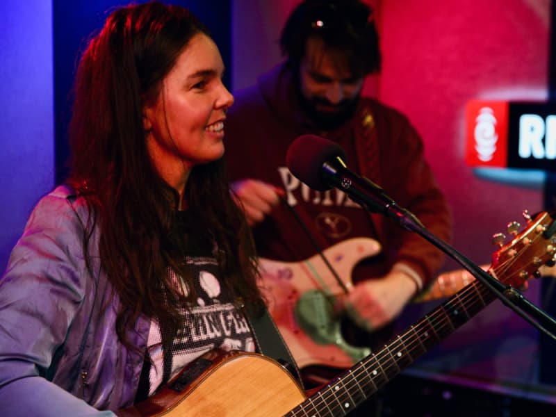 Mel Parsons visits Radio New Zealand's Auckland studio for a Music 101 performance in June 2025.