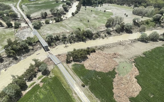 A damaged bridge seen during a flight over Gisborne after Cyclone Gabrielle.