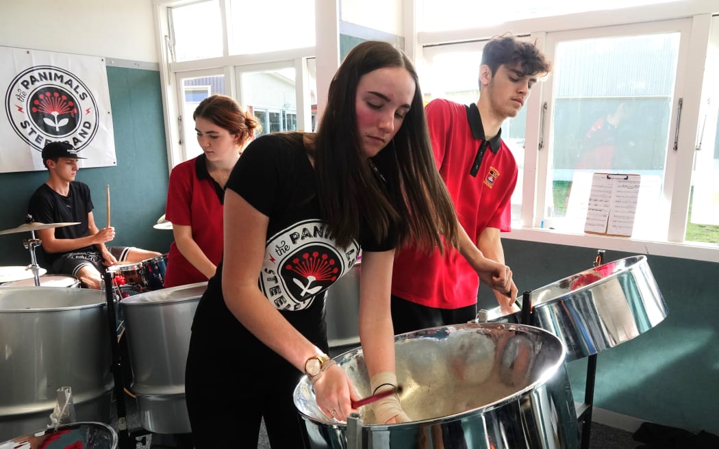 Gabriella Uphof and Harlyn Abraham on the tenor pans, which provide the main melody line.