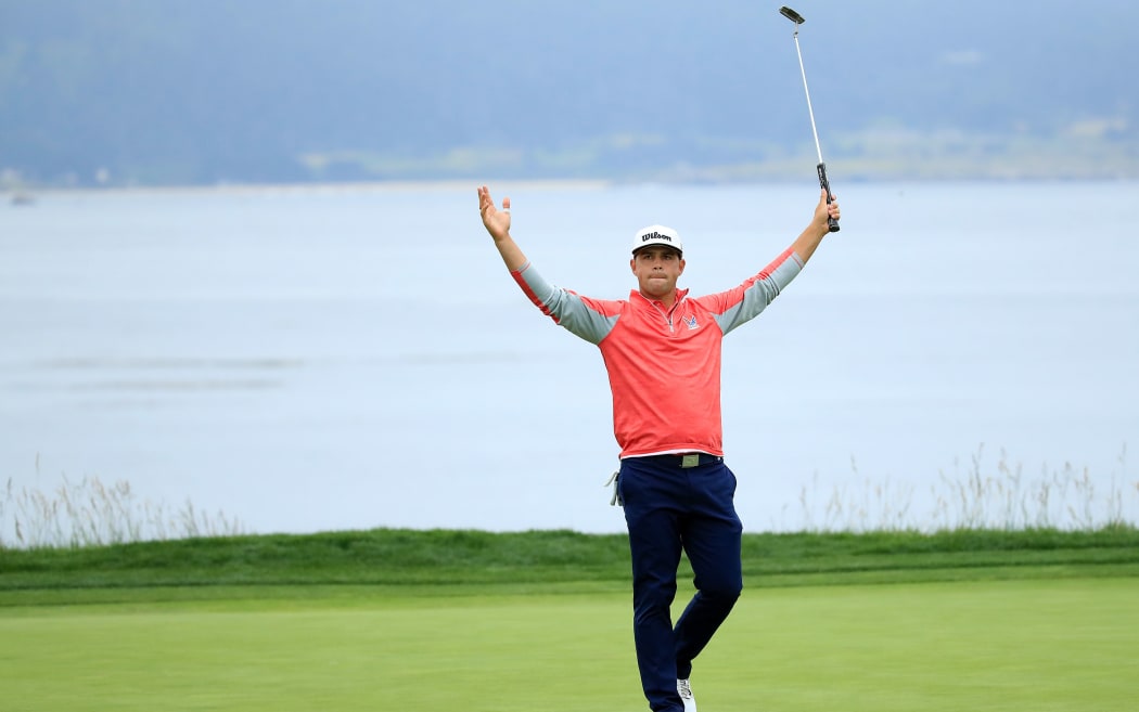 Gary Woodland celebrates winning the 2019 US Open at Pebble Beach.