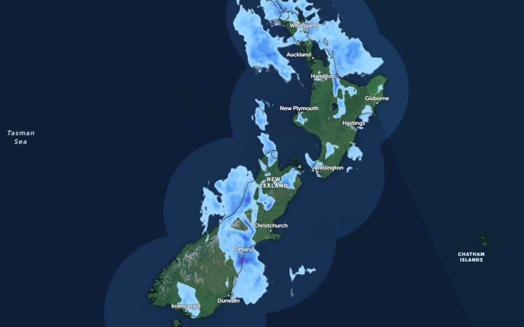 A rain radar showing New Zealand at 7am, Friday 9 May 2025.