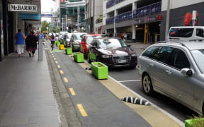 The trial cycleway and pedestrian space on Federal Street in Auckland.