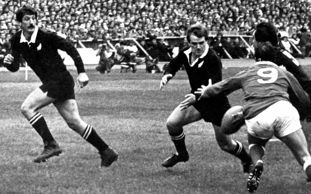 1977, British and Irish Lions tour to New Zealand. All Blacks Graham Mourie, Doug Rollerson.
