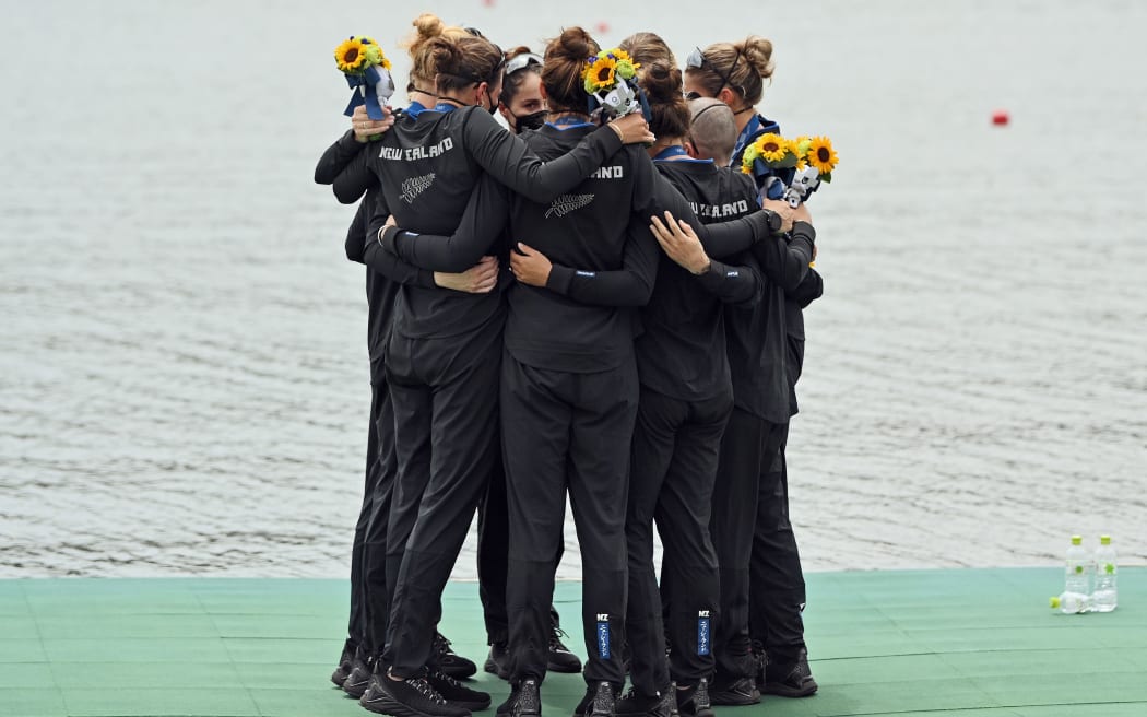 Silver medalists New Zealand women's eight; Ella Greenslade (bow), Emma Dyke, Lucy Spoors, Kelsey Bevan, Grace Prendergast, Kerri Gowler, Beth Ross, Jackie Gowler (stroke) and Caleb Shepherd (cox) Tokyo 2020 Olympic Games Rowing, Tokyo, Japan on Friday 30th July 2021.