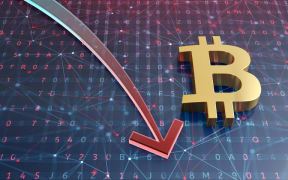 Bitcoin crash concept. Stock market arrow on digital background. 3d illustration.