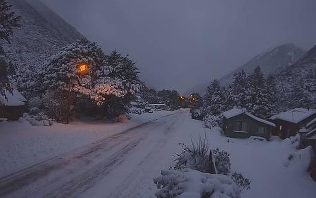 Arthur's Pass is blanketed in snow today, as seen from the NZTA camera 7.45am.