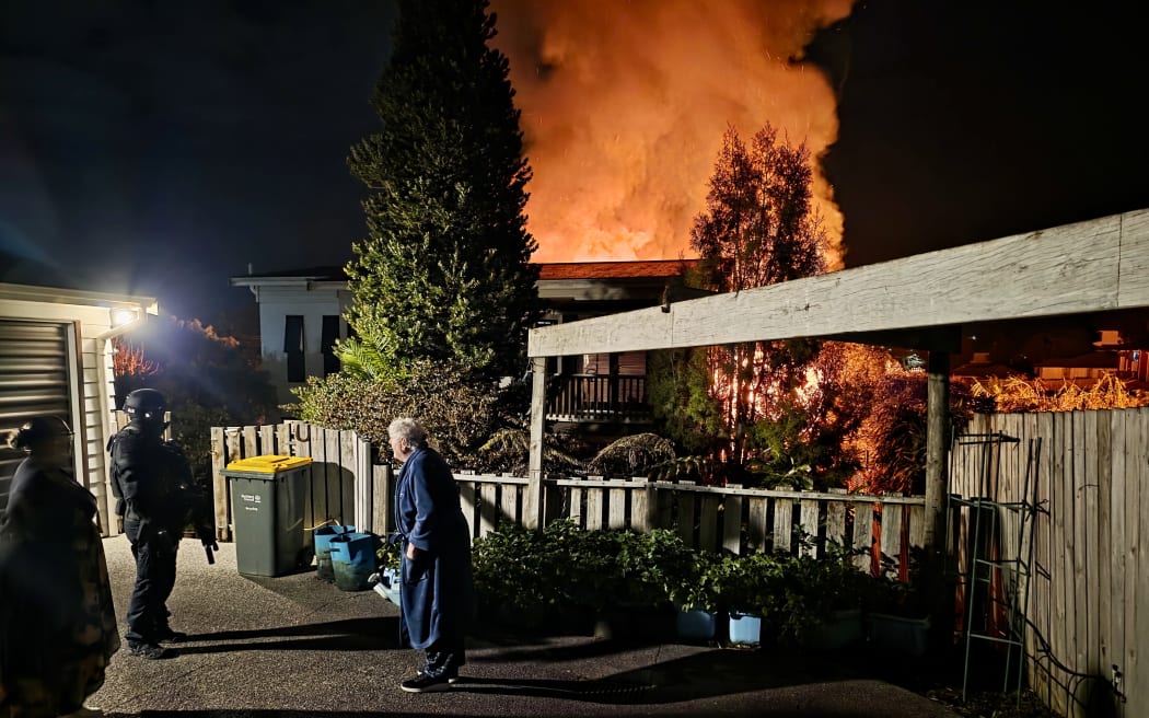 A person is in hospital with dog bite injuries following a house fire in the Auckland suburb of Massey.