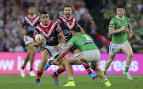 Siosiua Taukeiaho looks to take on the tackle of Charnze Nicoll-Klokstad. Sydney Roosters v Canberra Raiders, NRL Grand Final, Rugby league, ANZ Stadium, Sydney, Australia, 6 October 2019.