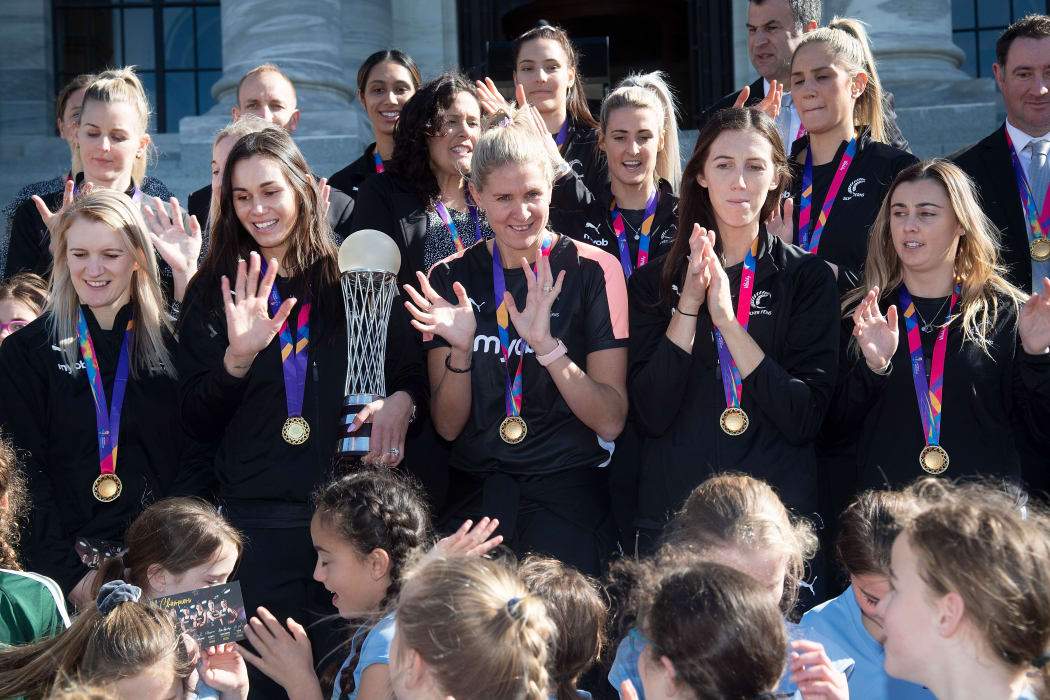 The Silver Ferns with School children during a Netball World Cup celebration at Parliament in Wellington on Monday the 26th of August 2019. Copyright Photo by Marty Melville / www.Photosport.nz