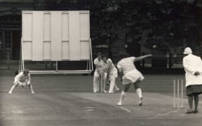 New Zealand play Surrey during the 1973 tour. Bev Brentnall is the wicketkeeper.