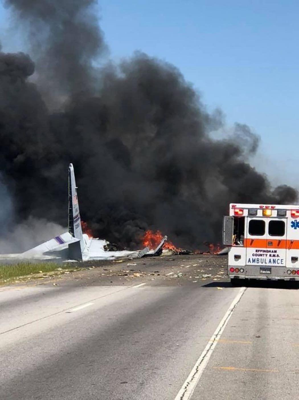 A US military cargo place is engulfed in flames and smoke down after it crashed in Savannah, Georgia on 3 May, 2018.