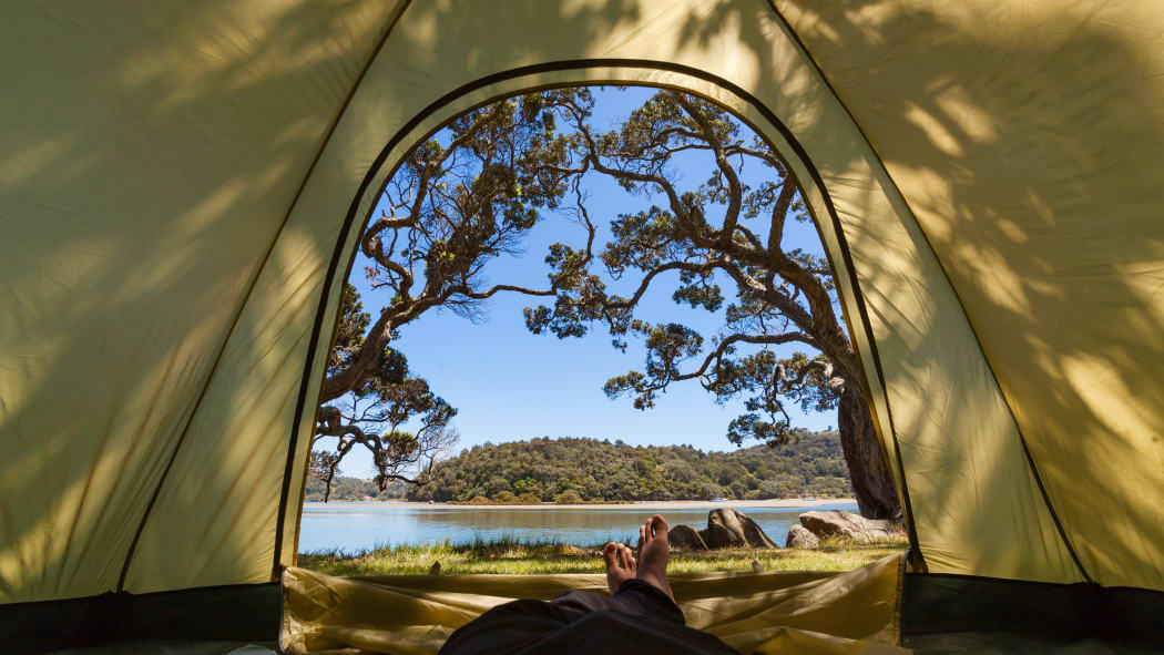 view of ocean from a tent