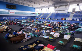 A general view of the temporary shelter for refugees from Ukraine organised in the sports hall in Krakow, Poland on March 15, 2022.