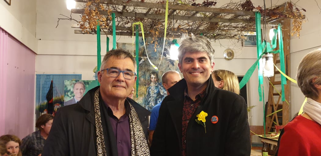 Former Dunedin Mayor Dave Cull with new Dunedin Mayor Aaron Hawkins at a celebration at the Dunedin cafe, Morning Magpie.