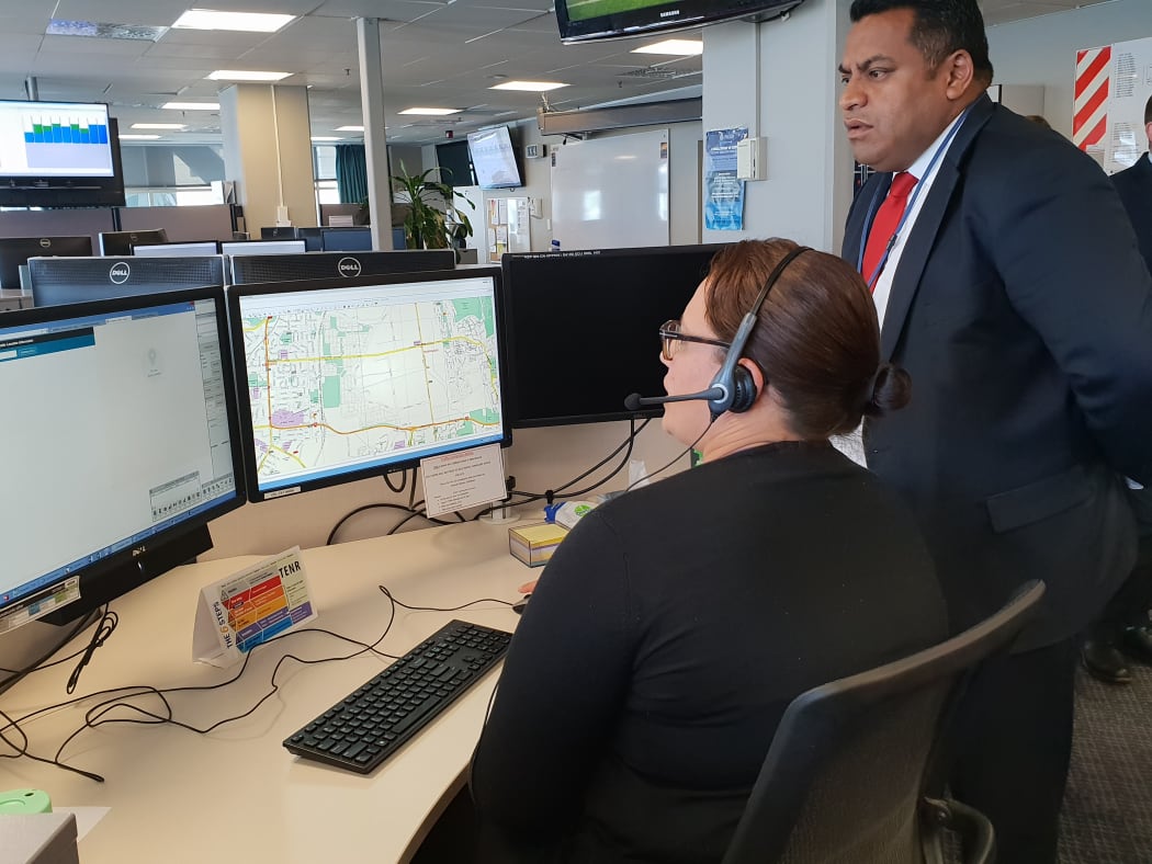 Minister of Broadcasting, Communication and Digital Media Kris Faafoi views the emergency call location service.