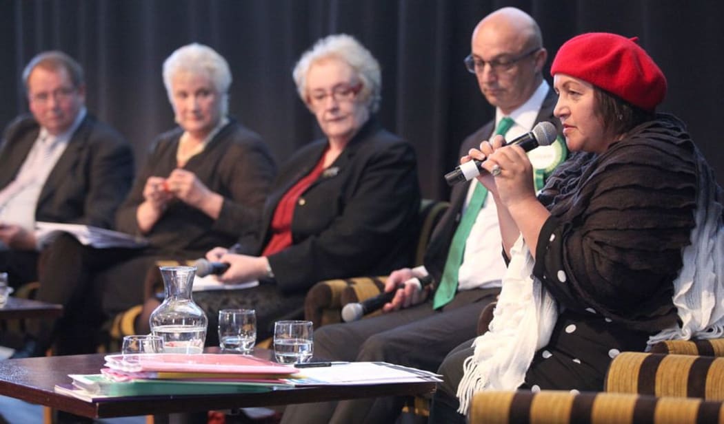 From left to right: The facilitator of the panel, Richard Harman; Labour's health spokesperson Annette King; New Zealand First health spokesperson Barbara Stewart; the Green Party spokesman Kevin Hague; and Maarama Fox of the Maori Party.