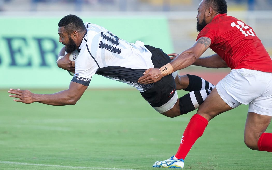 Fiji winger Waisea Nayacalevu scores against Tonga during last year's Pacific Nations Cup.