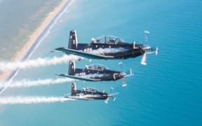 T6-C Texans from the RNZAF Central Flying School conduct formation flying.