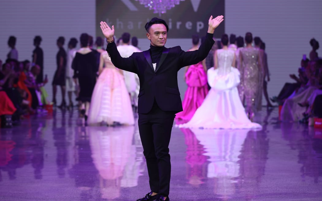 AUCKLAND, NEW ZEALAND - AUGUST 30: Designer Kharl WiRepa thanks the audience following the Kharl WiRepa show during New Zealand Fashion Week 23: Kahuria at Viaduct Events Centre‎ on August 30, 2023 in Auckland, New Zealand.