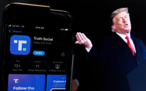 Former US President Donald Trump next to a superimposed image displaying the Truth Social app.