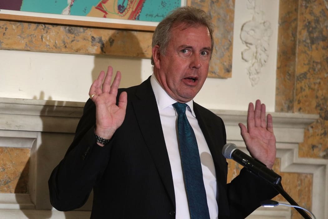 Kim Darroch speaks during an annual dinner of the National Economists Club at the British Embassy 2017 in Washington..