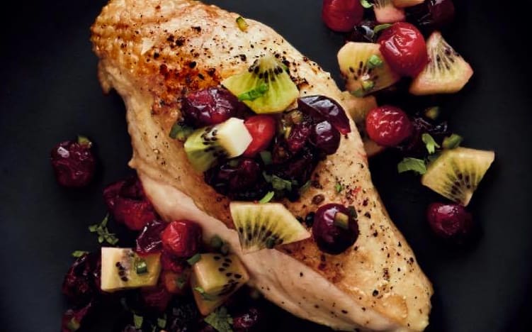 Chicken with sungold kiwi and cranberry relish