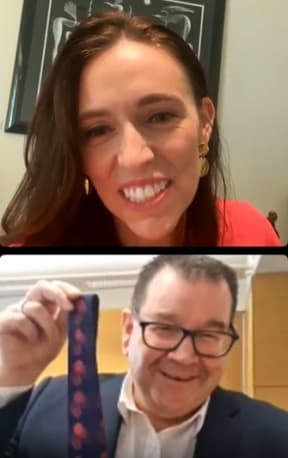 Prime Minister Jacinda Ardern and Finance Minister Grant Robertson sharing the pre-Budget tradition - via Instagram - of cheese rolls and giving Robertson a tie for the Budget speech.