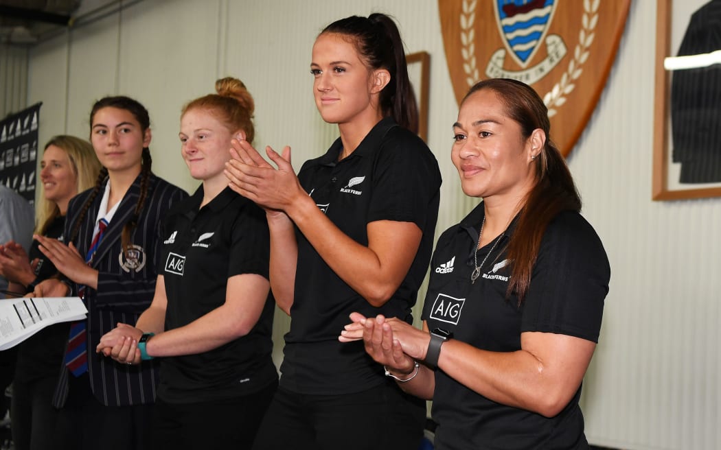 Players Grace Brooker, Charmaine Smith and Fiao'o Faamausili at the Black Ferns contract announcement