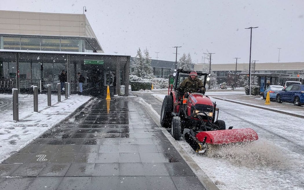 Snow being cleared from the streets surrounding Queenstown Airport. 28 September 2020.