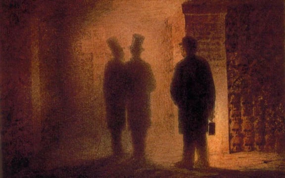 Viktor Hartmann watercolour: Paris Catacombs (with the figures of V. A. Hartmann, V. A. Kenel, and a guide holding a lantern) 
Inspired Modest Mussorgsky's 'Pictures at an Exhibition'