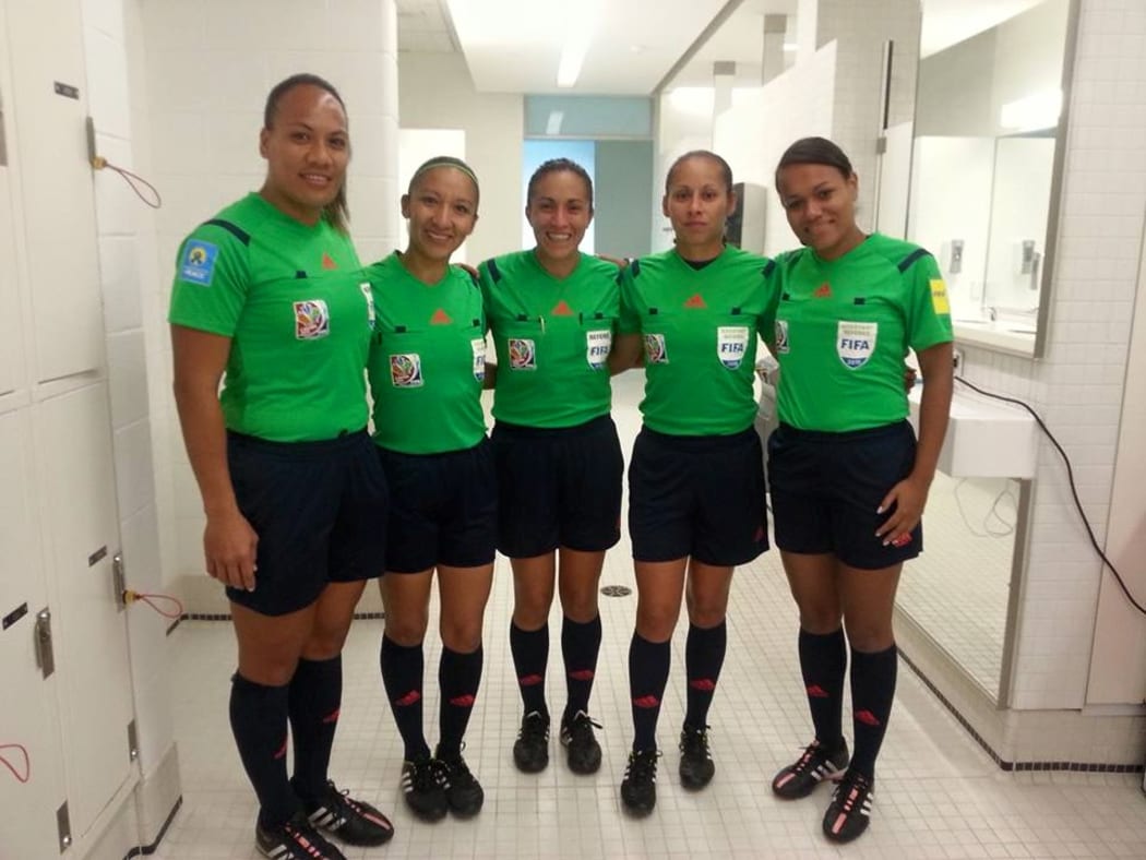 Tupou Patia-Brogan (left) was the first person from the Cook Islands, male or female, to serve as a referee at a FIFA World Cup-affiliated match in 2015.