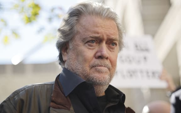 Former Trump White House senior advisor Stephen Bannon speaks to journalists after leaving federal court after being sentenced on October 21, 2022 in Washington, DC. Bannon was sentenced to four months in prison after a federal jury found him guilty of two counts of contempt of Congress after he refused to turn over documents or be interviewed by the House committee investigating the January 6 attack on the U.S. Capitol.