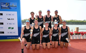 The New Zealand team who have won bronze in the first ever mixed eight held at a world rowing championship. In Shanghai are back row, from left, Harry_Molloy_(cox), Oliver_Welch, Ben_Taylor, Campbell_Crouch. Front_row, Alana Sherman, Rebecca Leigh, Juliette Lequeux, Isla Blake and Flynn Watson.