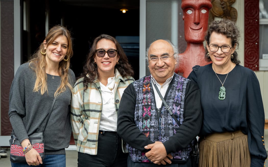 From left, external legal advisor to the Special Rapporteur Elisa Marchi, law professor Claire Charters, Special Rapporteur Francisco Calí Tzay, Wakatū Incorporation chief executive Kerensa Johnston at Te Āwhina Marae on 9 April, 2024.