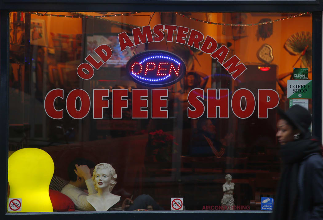 The window of a coffee shop selling recreational drugs in Amsterdam.