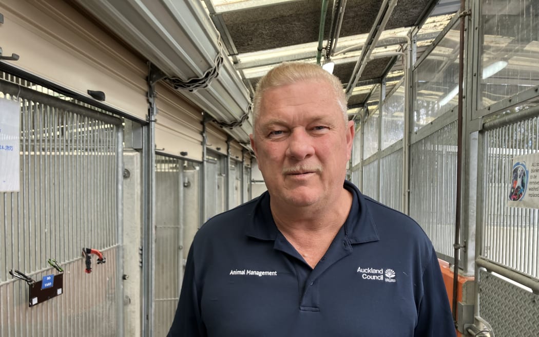 Shaun wears a navy polo with "ANIMAL MANAGEMENT" and "AUCKLAND COUNCIL" written on either breast. He stands in the corridor of a dog kennel facility. On either side of him and behind him are metal doors to dog enclosures.