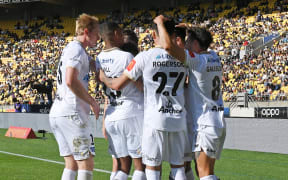 Auckland FC players celebrate a goal, A-League, Wellington Phoenix v Auckland FC, Sky Stadium, Wellington. Saturday 21 February, 2026