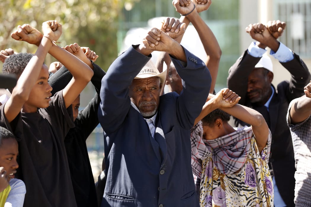Tigray people stage a protest against the government on the distribution condition of food and on the conflict that displaced people, on 8 March, 2021.