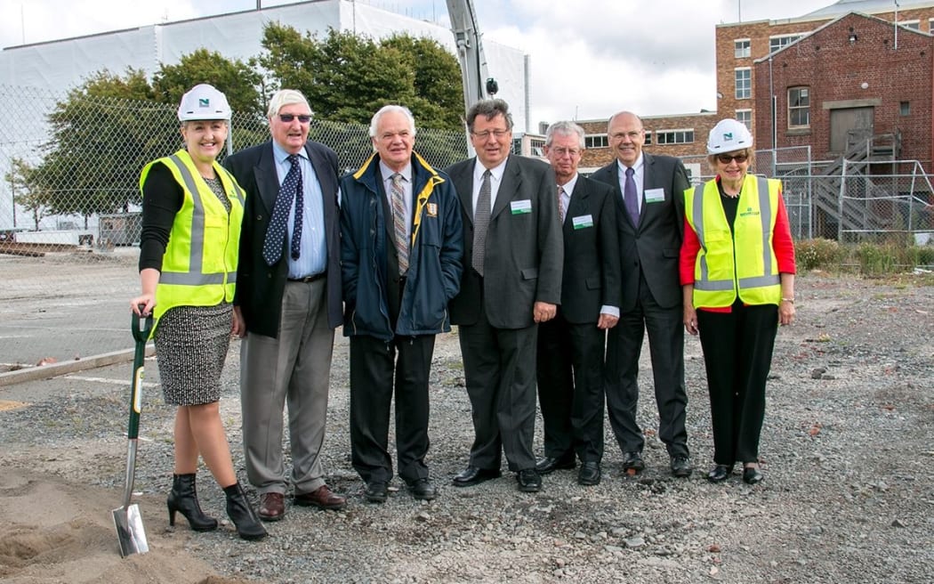 From left, Environment Minister Amy Adams with Environment Canterbury Commissioners Professor Peter Skelton, Donald Couch, David Bedford, Rex Williams, David Caygill and Dame Margaret Bazley.